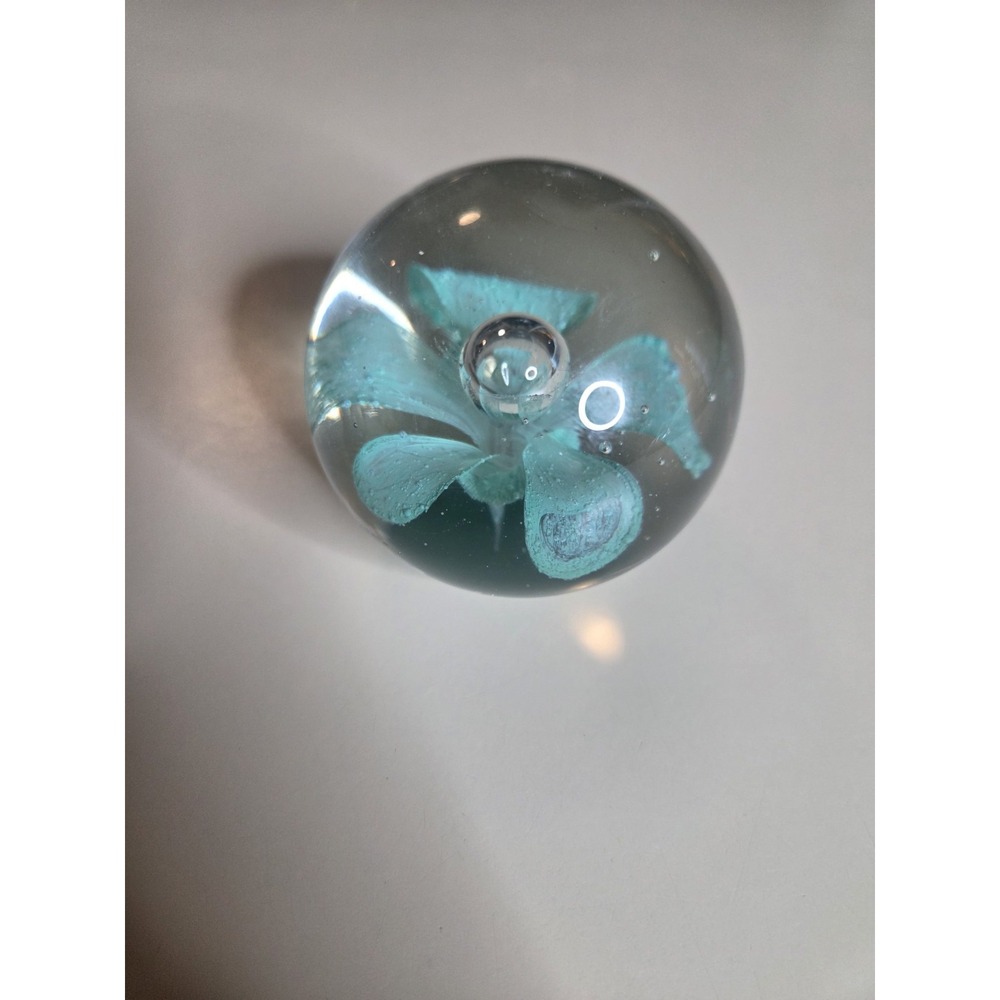 VTG Hand Blown Art Glass Paperweight Aqua Flower Bubble Design 2.5" Sphere Decor